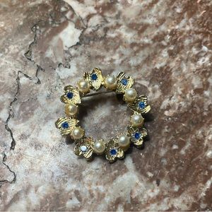 Vintage Silverstone Heart Faux Pearl and Blue Crystal Brooch
